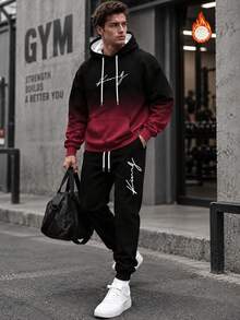 Men's Red-Black Gradient Hoodie & Joggers 2 Pieces Set, Minimalist King English Print, Drawstring Design, Casual Streetwear Outfit - Red - View 1