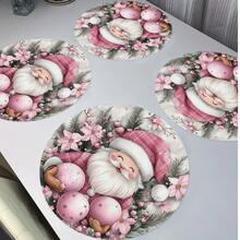 1/4pcs Pink Santa Claus Placemats, Pink Floral Pine Branch Christmas Decor, Round Table Mats, Non-Slip Washable, Suitable For Home Decor, Daily, Holiday, Kitchen, Banquet, Party And Christmas Table Setting - Desktop Ornaments - View 5