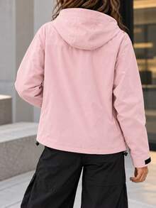 Women Pink Hooded Outdoor Jacket Zipper Pockets Full Zip Adjustable Cuffs Drawstring Hood Casual Hiking Coat - Pink - View 5