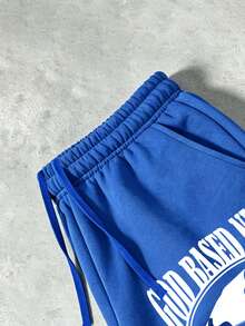 Men's Loose Fit Sports Sweatpants, Printed Casual Joggers, Streetwear Letter Design, Comfortable Versatile Slimming Long Pants - Blue - View 7