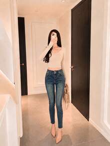YEAE | 女款水洗藍色丹寧緊身休閒牛仔褲，附口袋，百搭秋季款 - 復古藍 - 查看 2