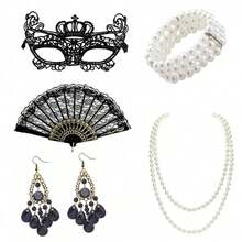 5pcs 1920s Style Women's Lace Mask Accessory Set, Includes Sequin Dress Set, Suitable For Party Decoration And Halloween Celebration - Multicolor - View 1