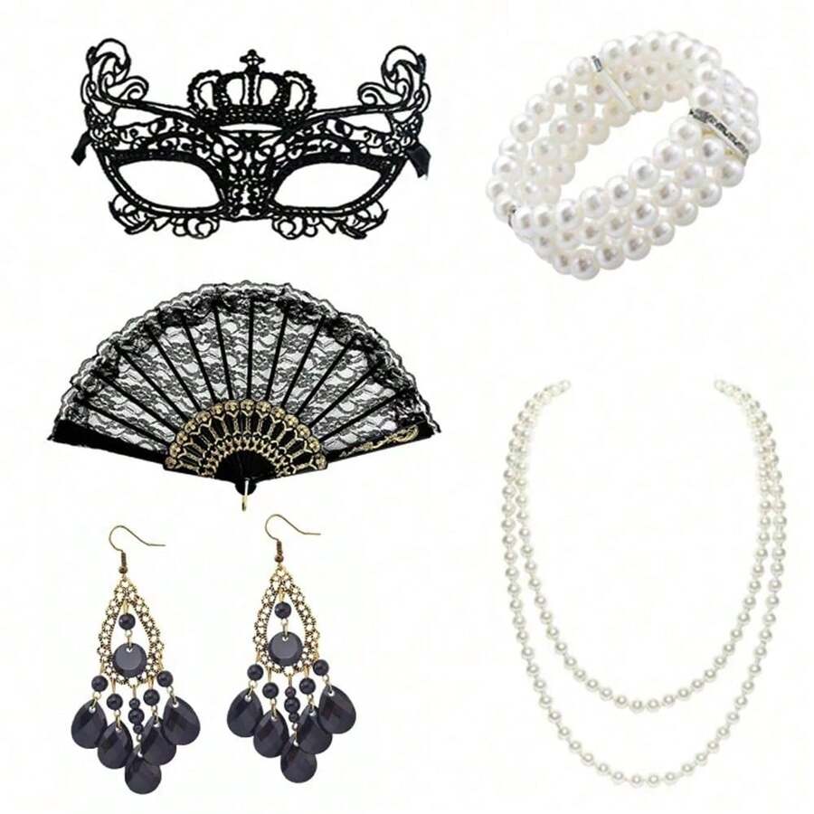 5pcs 1920s Style Women's Lace Mask Accessory Set, Includes Sequin Dress Set, Suitable For Party Decoration And Halloween Celebration - Multicolor - View 1