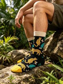 1/3 Pairs Personalized Leopard Print Cheetah Pattern Mid-Calf Men's Socks, Street Style, Suitable For All Seasons. - Multicolor - View 2