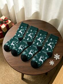 1/3/5 Pairs Christmas Style Green Mid-Calf Socks With Reindeer And Snowflake Jacquard Pattern, Unisex Comfortable Socks For Autumn/Winter, Holiday Gift - Dark Green - View 10