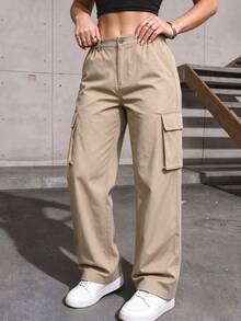 Women's Summer/Autumn Solid Color Multi-Pocket Cargo Pants, Straight Leg, Outdoor Sports Long Pants - Khaki - View 3