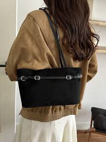 Women's Shoulder Bag Tote Bag With Metal Buckle Decor Large Capacity Underarm Shoulder Bag - Black - View 6