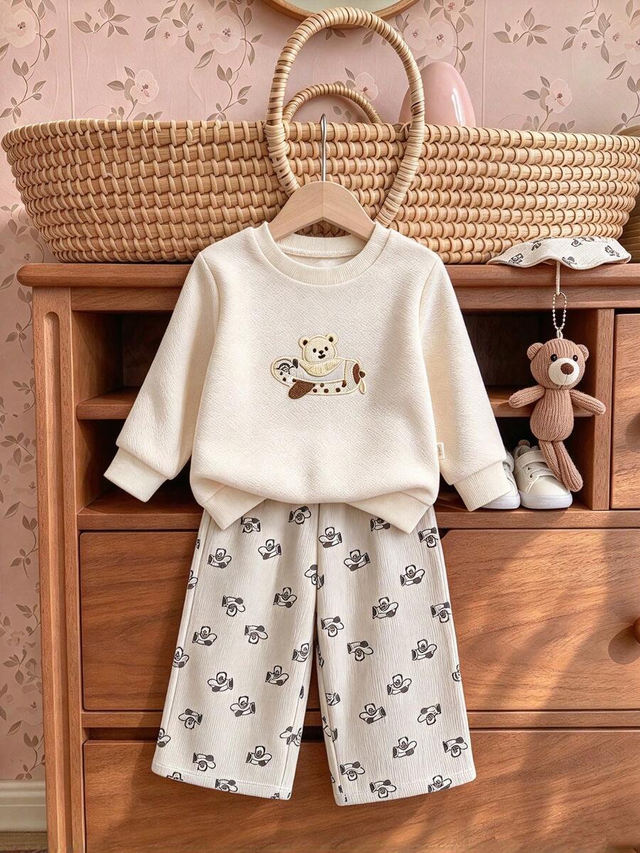 2pcs Baby Boy Autumn Woven Crew Neck Long Sleeve Sweatshirt Set, Children's Fashion Basic Style Bear Embroidery Ribbed Collar Apricot Top, Elastic Waist Versatile Bear Baby Airplane Print All-Over Print Wide Leg Pants, Spring Play & Vacation Outfit With Hat - Apricot - View 1