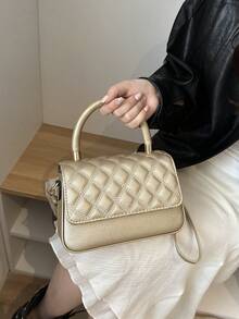 Solid Color Quilted Minimalist Fashion PU Designer Elegant Geometric Pattern Handbag - Gold - View 3