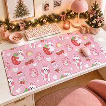1pc Cute Pink Bunny Strawberry Milk Print Desk Mat, Decorative Makeup Mat, Nail Art Table Pad, Non-Slip Large Table Protector For Bedroom Vanity S/M/L/XL - View 1