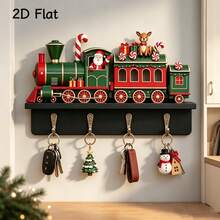 2D Flat Christmas Train Key Hook Wall Decor, Wooden Christmas Key Storage Rack, Vintage Train Shaped Wall-Mounted Key Holder With 5 Hooks, Suitable For Living Room, Entryway, Bedroom, Entrance Decoration, Holiday Gift - View 3