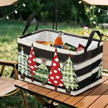 1pc Black White Stripe Christmas Tree Print Foldable Rectangular Fabric Storage Basket With Handles, Clothes Organizer - Multicolor - View 1