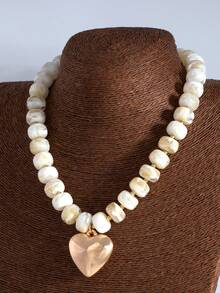 1pc Fashionable Exaggerated Colorful Resin Acrylic Handmade Beaded Heart-Shaped Pendant Collarbone Necklace For Women - White - View 4
