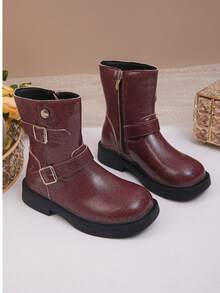 1 Pasang Sepatu Bot Motor Vintage Anak Perempuan dengan Gesper Logam Setinggi Betis - Burgundy - View 2