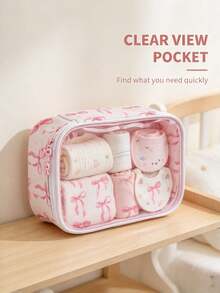 Pink Bow Print Clear Window Storage Pouch, Zipper Portable Nursery Organizer Bag, Waterproof Lightweight Case For Baby Garments & Small Supplies - Multicolor - View 9