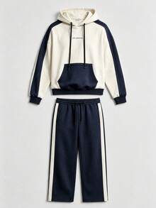 American Style Colorblock Letter Hoodie Sweatshirt Set, Navy Blue Side Stripe Straight Leg Sweatpants 2 Pieces Set - White - View 4