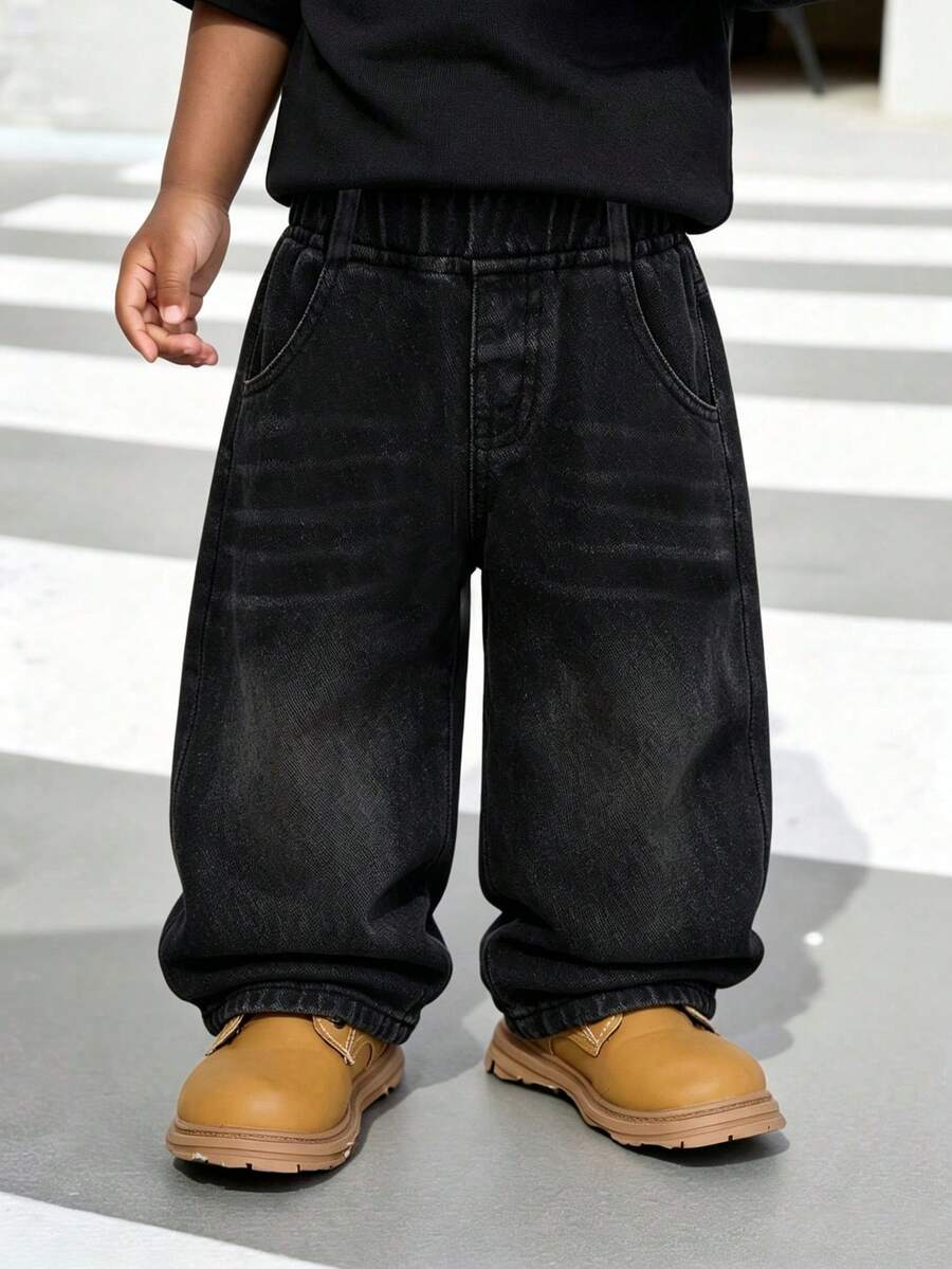 Baby Boy Casual Straight Leg Denim Jeans With Pockets For Daily Wear - Black - View 1