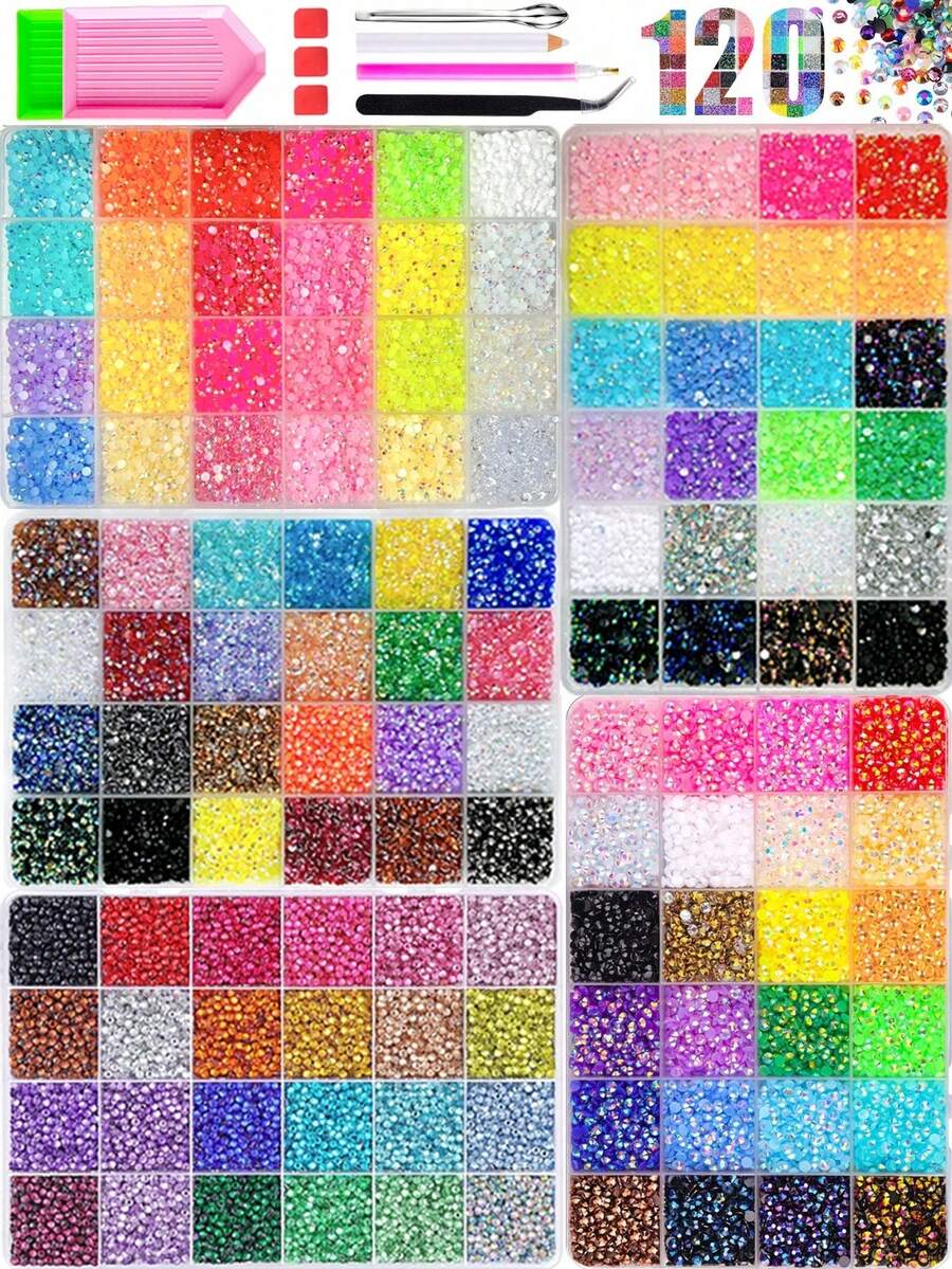 5 Boxes 120-Grid Resin Rhinestone Set, 3D Shiny Crystal Sequins With Rhinestone Tray, Tweezers, Spoon, Suitable For DIY Nail Art, Tumbler, Shoes, Clothing, Resin Crafts Decoration - Multicolor - View 1