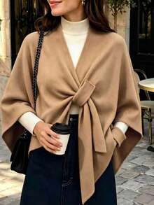 Women's Solid Color V-Neck Cape Sleeve Cardigan, Minimalist Commuter Style, Suitable For Daily Commute And Travel, Autumn Gatherings, Thanksgiving Outfit - Brown - View 1