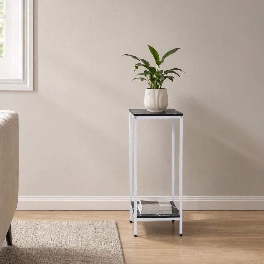 30 Inch Tall 2 Tier Metal Plant Stand With Marble Effect - White - View 1