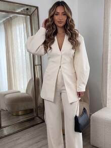Elegant Women's V-Neck Button-Up 2 Pieces Suit Set, Casual Outfit For Commuting, Office And Daily Wear - Apricot - View 5