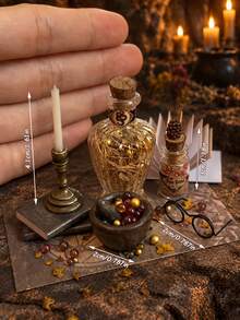 Miniatyrdekorationsset med alkemiscen, magiska flaskor och mortel, böcker, ljusstake och glas, vintage häxtema dockhustillbehör - En-Storlek - Visa 3