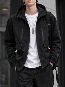 Men's Plus Size Drop Shoulder Jacket With 3D Pockets, Perfect For Autumn/Winter Casual Wear, Great Gift Idea - Black - View 1