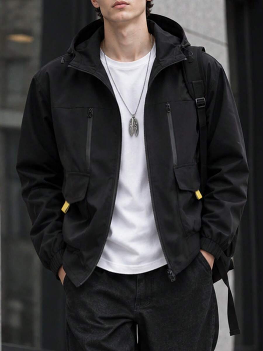 Men's Plus Size Drop Shoulder Jacket With 3D Pockets, Perfect For Autumn/Winter Casual Wear, Great Gift Idea - Black - View 1