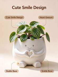 1pc Cute Heart-Shaped Hand Planter, Matte Ceramic Small Plant Pot, Indoor Desktop Succulent Planter, Decorative Home Office Desk Greenery Pot, With Cute Sitting Character Design, Suitable For Daily Room Decor, Mother's Day, Teacher's Day - One Size Fits All - View 7