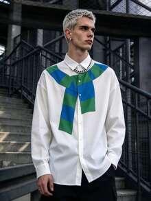 Men's Minimalist White Long Sleeve Shirt, Creative Blue & Green Striped Scarf Print Loose Fit Lapel Top - White - View 1