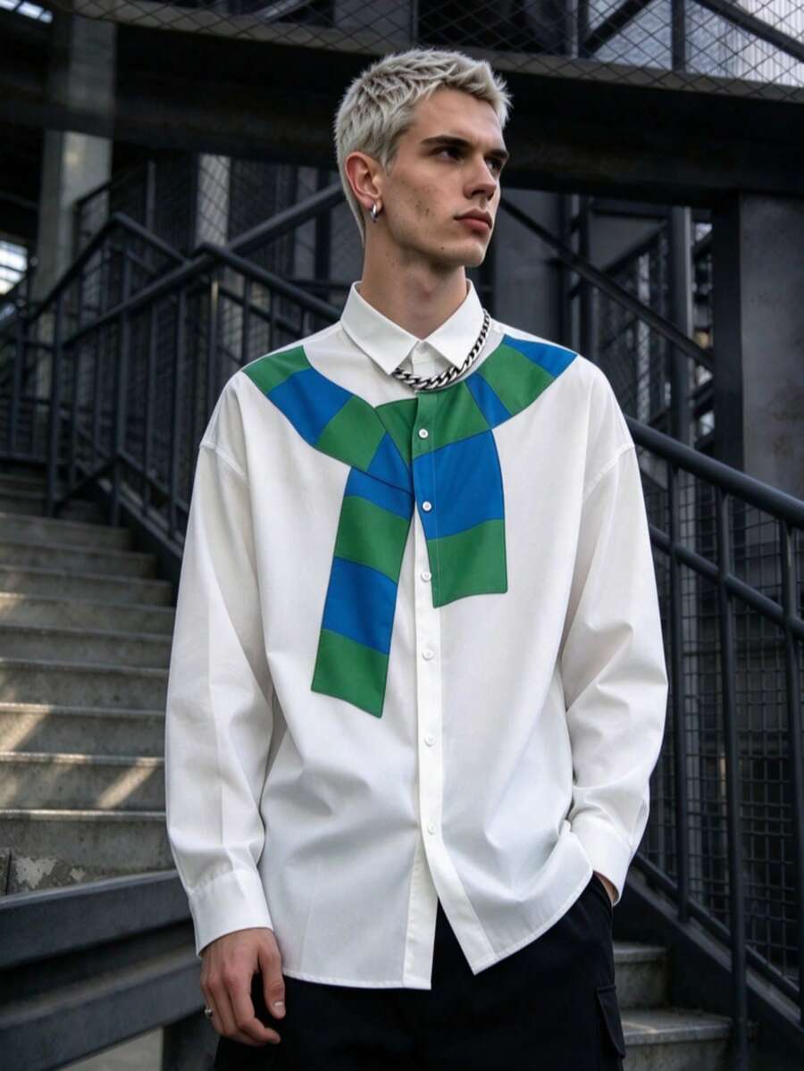 Men's Minimalist White Long Sleeve Shirt, Creative Blue & Green Striped Scarf Print Loose Fit Lapel Top - White - View 1