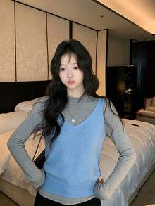 Women's Korean Sweet Autumn/Winter Contrast Color Knit 2 Pieces Set, Hollow Eye Tank Top And Solid Color Long Sleeve Slim Fit Base Layer, Suitable For Outings, Travel, Campus, Commuting - Blue - View 1