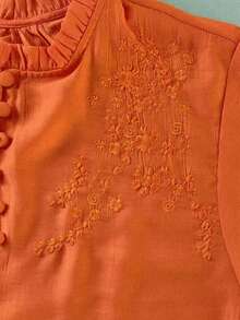 Women's Casual Embroidered Loose Bohemian Retro Mid-Sleeve Blouse, Solid Color, Summer/Autumn - Orange - View 7