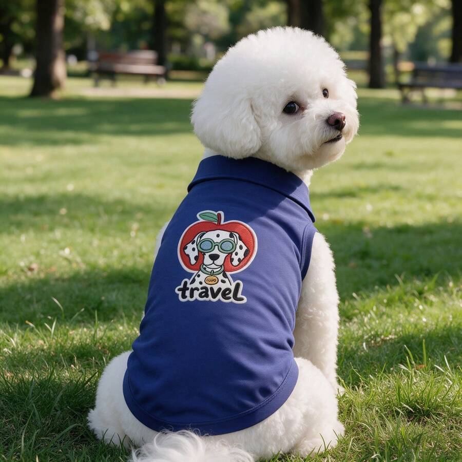 1pc Navy Sleeveless Pet Polo Shirt, Cartoon Dalmatian Travel Apple Embroidery Dog Vest, Breathable Summer Puppy Clothes For Small Dogs Bichon Teddy - Navy Blue - View 1