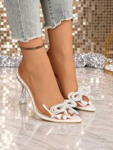 Peep Toe High Heel Sandals, Fashion Bowknot Transparent Sandals, Crystal High Heels, Formal Party Shoes With Pearl And Rhinestone Decor - Beige - View 1
