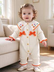 Infant Knitted Romper, Baby Girl Handmade Embroidered Floral Collar Romper, Bow Long Sleeve Ruffle Cuff Crawl Suit - Beige - View 10
