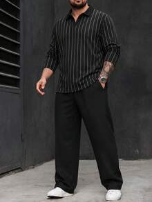 Men's Plus Size 2-Piece Set, Autumn Solid Color Textured Fabric Casual Plus Size Long Sleeve Polo Shirt And Pants Set - Black - View 4