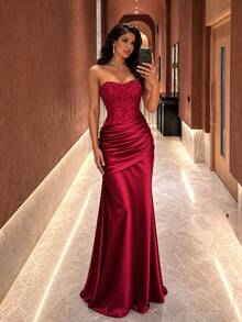UNITHORSE Elegant Sequin Patchwork Pleated Strapless Evening Gown - Burgundy - View 4