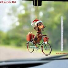 2pcs 2D Acrylic Flat Creative Cute Dachshund Riding Bicycle Delivering Christmas Gift Pattern Car Rearview Mirror Hanging Ornament/Christmas Tree Decoration/Christmas Gift/Couple Keychain Pendant/Backpack Charm - Cycling Puppy Charm - View 7