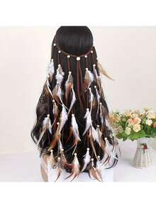 1pc Boho Feather Headband Headpiece & Long Feather Shawl/Scarf Halloween,For Summer Costume - Khaki - View 12