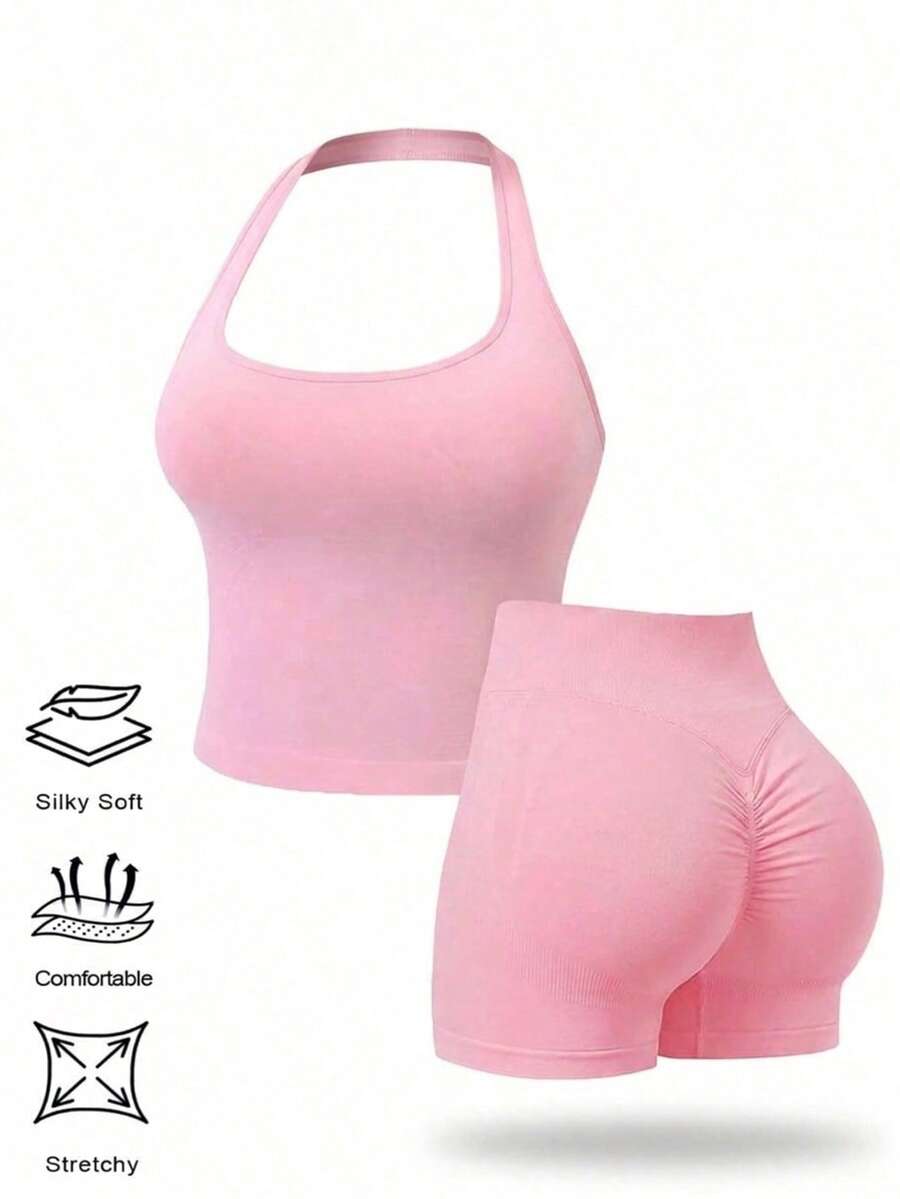 Women's Outdoor Sports Set: Tank Top + Shorts, Suitable For Daily Wear, Slim Fit, Butt-Lifting Design, Lightweight And Breathable - Pink - View 1
