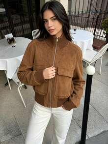 DEEKA Nueva Chaqueta de Vuelo de Estilo Europeo y Americano Minimalista con Cuello Alto Acanalado para Mujer Primavera/Otoño - Caqui - Ver 1