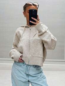 Women's Hooded Drawstring Pocket Long Sleeve Knit Cardigan - Oat - View 5