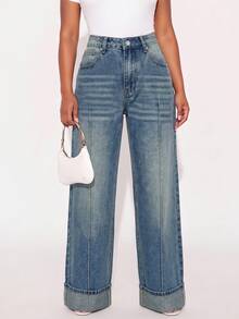 Vintage Washed Women's Wide Leg Jeans With Front Seam Detail And Rolled Hem, Autumn New Arrival - Blue - View 5