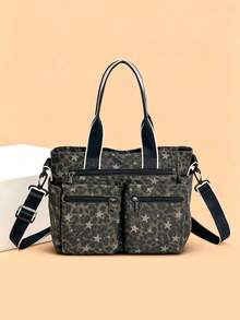 New Women's Tote Bag, Canvas Material With Leopard Print And Star Pattern, Shoulder, Crossbody, Hand-Carry, Multiple Carrying Ways For Daily Outings, Shopping And Commuting - Black - View 11