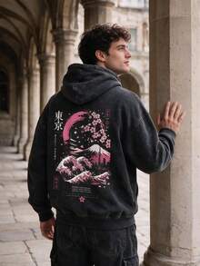 Men's Black Washed Tokyo Mount & Cherry Blossom Hoodie, Ukiyo-E Japanese Style Loose Fit Pullover Sweatshirt - Black - View 1