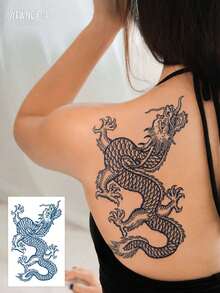 1pc Herbal Waterproof Temporary Tattoo Sticker, Fashionable Creative Dragon Pattern Paper Tattoo Sticker, Lasts 7-14 Days, Unisex, Easy To Apply And Remove - Blue - View 3