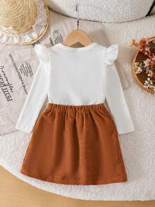 2pcs/Set Young Girl Casual Minimalist Style 3D Bow White Long Sleeve Top & Brown Skirt Set, Spring/Autumn - White - View 3