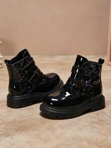 1 Pair Girls Black Boots, Shiny Colorful Star Pattern Decor, Hook-And-Loop Ankle Boots, Round Toe Non-Slip Thick Sole, Sweet Cool Princess Style, Suitable For Daily School, Festival, Party, Performance, Outdoor Wear, Autumn Winter New Arrival - Black - View 7