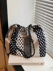 慵懶復古條紋不對稱波點帆布單肩斜挎包 學生藝術感百搭休閒托特包 - 黑與白 - 查看 7